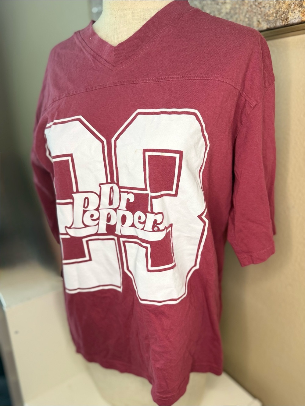 Vintage Dr Pepper Jersey Tee Graphic Shirt Maroon V Neck Retro Y2K Size S